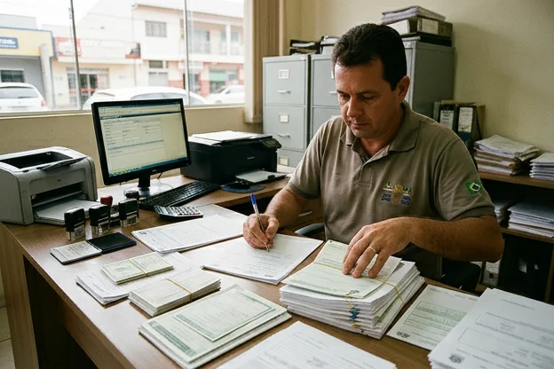 Despachante organizando documentação para registro de veículo em Anápolis.